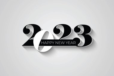 Mutlu yıllar 2023 metin tasarımı. Broşür tasarım şablonu, kart, afiş için. Vektör çizimi. Beyaz arkaplanda izole.