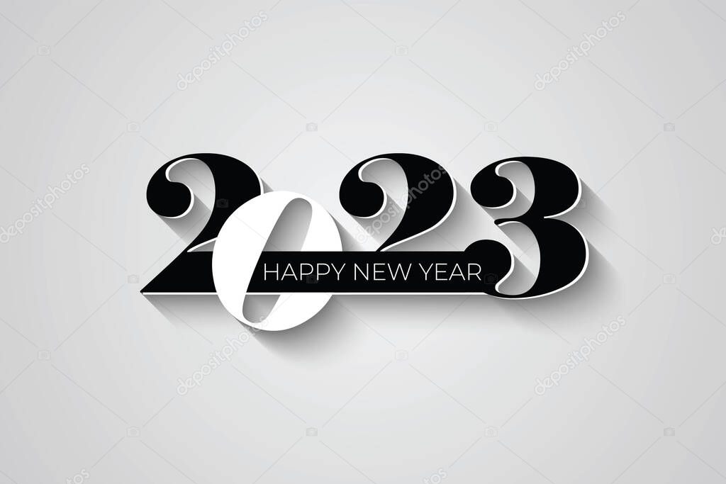 Happy New Year 2023 text design. for Brochure design template, card, banner. Vector illustration. Isolated on white background.