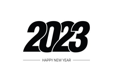 Mutlu yıllar 2023 metin tasarımı. Broşür tasarım şablonu, kart, afiş için. Vektör çizimi. Beyaz arkaplanda izole.