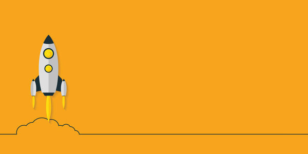 Vector rocket launch. startup business creative business illustration of fly up spaceship and word startup on yellow color background