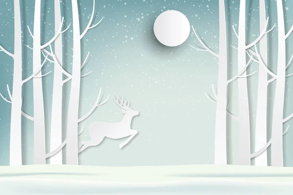 Deer Jumping Forest Midst Falling Snow Vector Paper Art Digital — Stock Vector