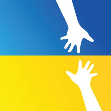 Ukrayna 'ya yardım. Ukrayna bayrağında iki el. Ukrayna 'yı kurtar. Ukrayna için dua et. Savaşı durdurun. Vektör İllüstrasyonu