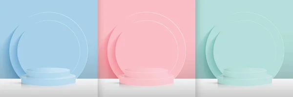 Set Blue Pink Green Cylinder Bases Stacked Circle Background Modern — стоковый вектор