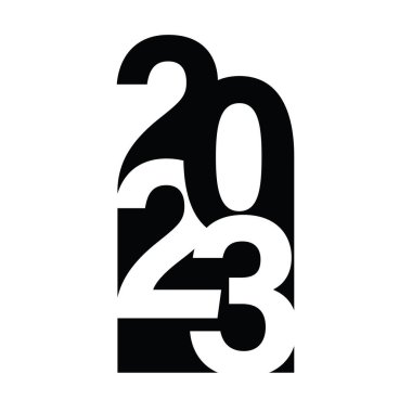 Mutlu yıllar 2023 metin tasarımı. Broşür tasarım şablonu, kart, afiş için. Vektör çizimi. Beyaz arkaplanda izole.