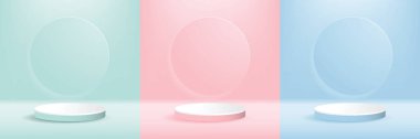 Geometrik şekilli pastel manzara seti. yeşil, pembe, açık mavi daire arkaplan. Arkaplan vektörü 3d canlandırma podyumu. Kozmetik ürünler. vektör illüstrasyonu.