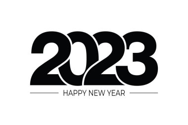 Mutlu yıllar 2023 metin tasarımı. Broşür tasarım şablonu, kart, afiş için. Vektör çizimi. Beyaz arkaplanda izole.