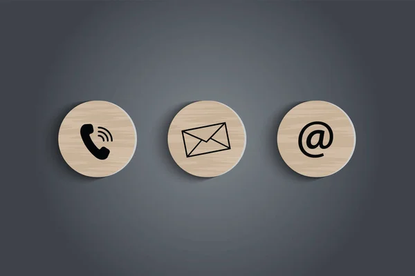 Web sayfası iş bağlantıları ve müşteri hizmetleri konsepti için e-posta adresi, telefon numarası ve harf simgeleri masadaki yuvarlak tahta bloğa baskı ekranı. Vektör illüstratörü
