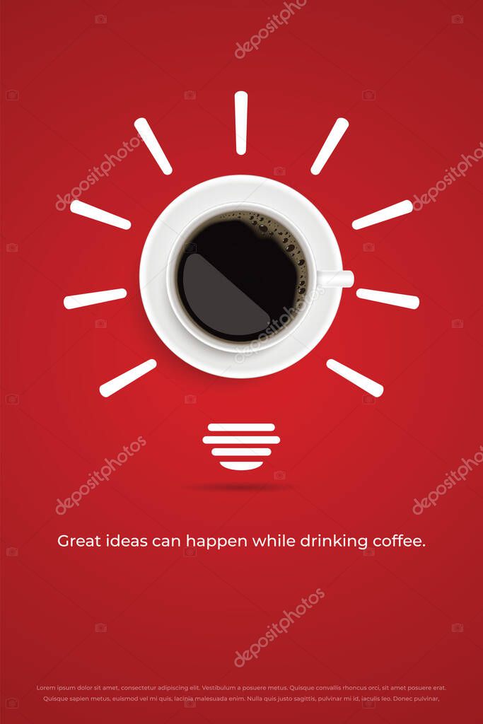 Black coffee in white cup on red background poster advertisement flyer Vector Illustration