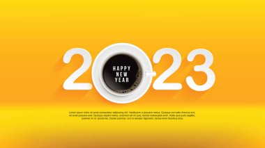2023 yılınız kutlu olsun. En sevdiğiniz kahvenizle iyi vakit geçirin. sarı arka planda. Kahve Posteri Reklam İlanları Vektör İllüstrasyonu