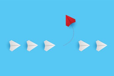 Business creative idea minimal concept. Creative paper planes on blue background. Red airplane changing direction. New idea, change, trend, courage, creative solution, innovation and unique concept.