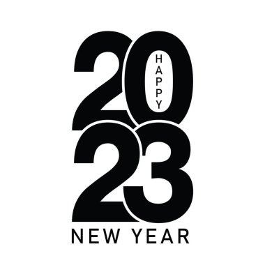 Mutlu yıllar 2023 metin tasarımı. Broşür tasarım şablonu, kart, afiş için. Vektör çizimi. Beyaz arkaplanda izole.