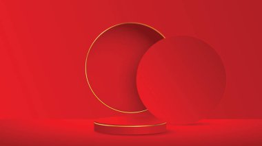 Red and gold round podium pedestal on studio lighting minimal background. Design creative concept product display mock up. 3D rendering illustration.