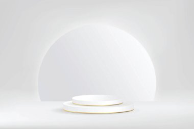 Beyaz, Gri ve Altın geometrik kaidesel podyum. Parlak yarım daire arkaplan. Podyum soyut arkaplan. Geometrik şekil. Beyaz renkler sahnesi. Asgari 3D görüntüleme. Geometrik arkaplan ile sahne.