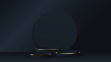 Siyah podyum ve siyah çember elementi olan modern altın kenar. Bir ürünü kopyalamak için 3 boyutlu bir şekil gösteren soyut vektör illüstrasyonu.