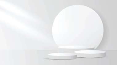 Podyum soyut arkaplan. Geometrik şekil. Beyaz renkler sahnesi. Beyaz arkaplan vektörü 3d Podyum ile hazırlanıyor. Kozmetik ürünlerini gösteriyor. Sahne vitrininde Gri Stüdyo