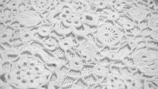 Crocheting from threads. Handmade Irish lace. Knitwear close-up. Selected sharpness — Stock Video