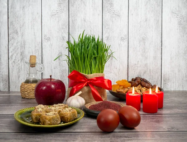 Festive Table Honor Navruz Wheat Red Ribbon Traditional Holiday Vernal — Stock Photo, Image