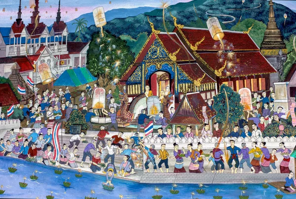 Loy Kratong Festival in thai temple mural — Stock Photo, Image