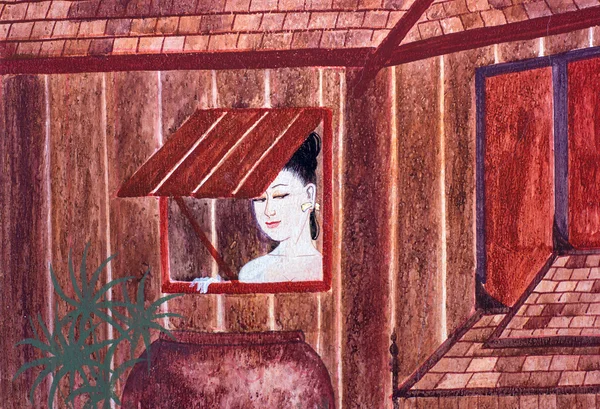 Thaise dame op tempel muurschildering — Stockfoto