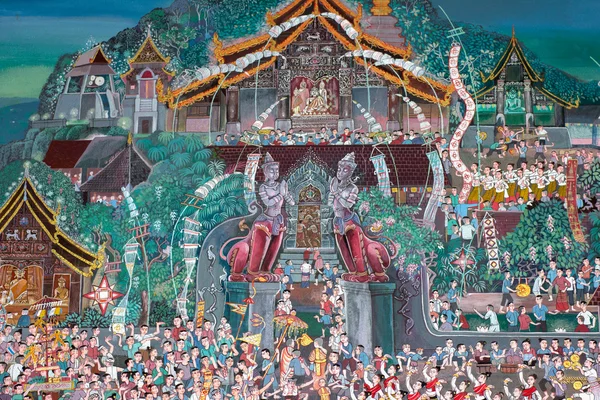 La tradizione thailandese nel murale del tempio — Foto Stock