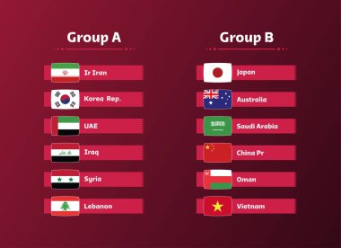 Asya 'daki play-off sahnesinin tüm takımlarının maç takvimi 2022 Dünya Kupası. Pankart, poster ya da şampiyonanın başlangıç sayfası. vektör illüstrasyonu