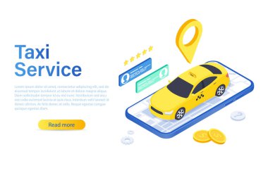 İnternet sitesi ya da taksi servisinin mobil uygulaması için şablon. Sarı araba. Ana sayfa konsepti. Kullanıcı arayüzü tasarımı modelleme vektör çizimi beyaz arkaplanda izole edildi.