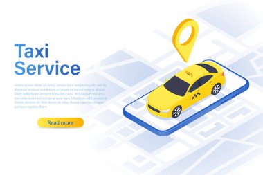 İnternet sitesi ya da taksi servisinin mobil uygulaması için şablon. Sarı araba. Ana sayfa konsepti. Kullanıcı arayüzü tasarımı modelleme vektör çizimi beyaz arkaplanda izole edildi.