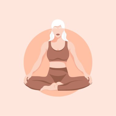 Lotus pozisyonunda oturan kız. Düz stil karakterlerin gösterimi. Yoga, rahatlama, farkındalık kavramı. vektör şablonu. Çöl renklerinde illüstrasyon.