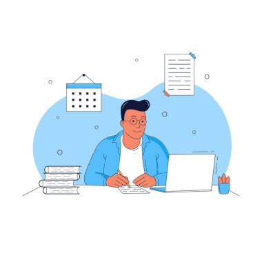 Online öğrenme vektör illüstrasyonu. Adam evde dizüstü bilgisayar kullanarak eğitim alıyor. Evde çevrimiçi öğrenme kavramı, çevrimiçi test, uzaklık öğrenme.