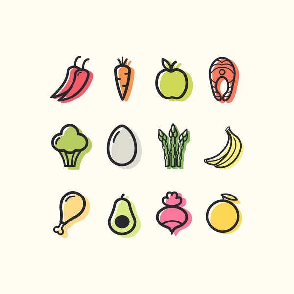 Reihe Linearer Symbole Von Gemüse Fleisch Und Obst Für Eine — Stockvektor