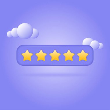 Beş yıldızlı inceleme. ürün incelemesi veya geri bildirim konsepti. Mor arkaplanda 3d vektör illüstrasyonu.