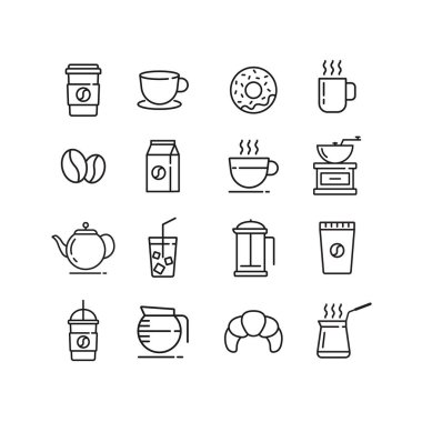 Basit kahve seti vektör çizgisi simgeleri. İçinde Türk, fincan, fasulye, çörek, kruvasan gibi ikonlar var. Beyaz arkaplanda izole edilmiş vektör illüstrasyonu.