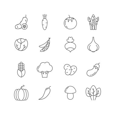 İnce çizgi şeklinde sebze ikonları. Beyaz arkaplanda izole edilmiş vektör illüstrasyonu.