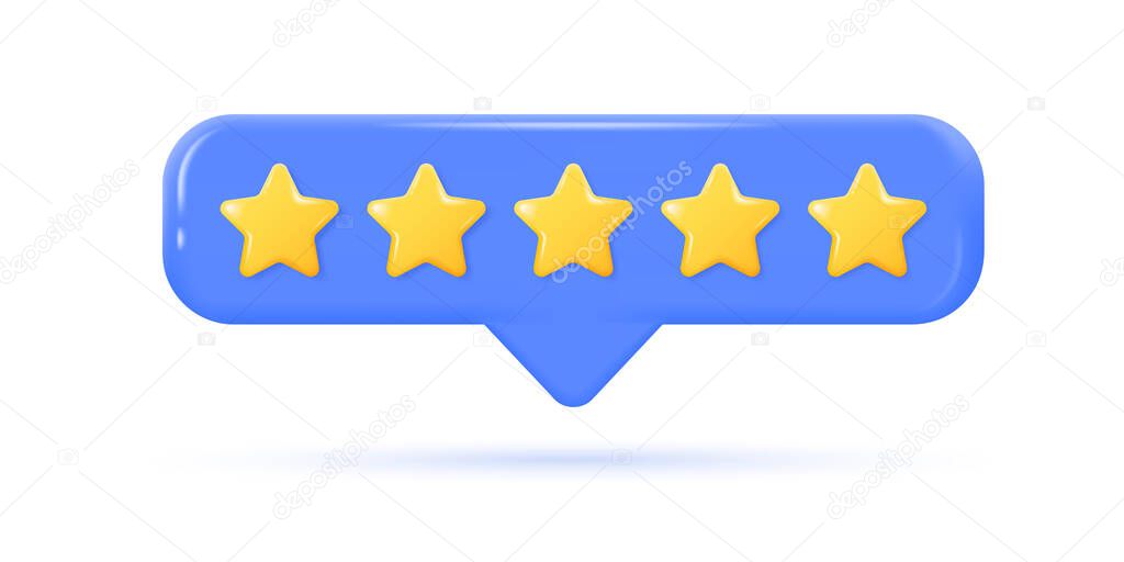 five yellow 3d stars in a realistic style. shiny, glossy stars. the concept of a rating or rating for reviews of a product or service. vector illustration for website or mobile app.