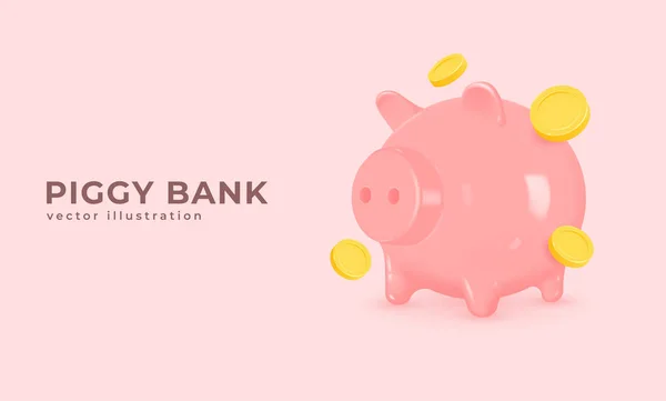 Domuz kumbarası ve altın sikkeler. Güvenli sermaye veya finansal yatırım birikimi kavramı. vektör gerçekçi 3d illüstrasyon.