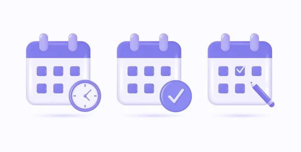 Calendar Icons Three Versions Clock Pencil Check Mark Vector Illustration — 图库矢量图片
