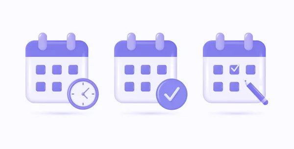 Calendar Icons Three Versions Clock Pencil Check Mark Vector Illustration — Archivo Imágenes Vectoriales