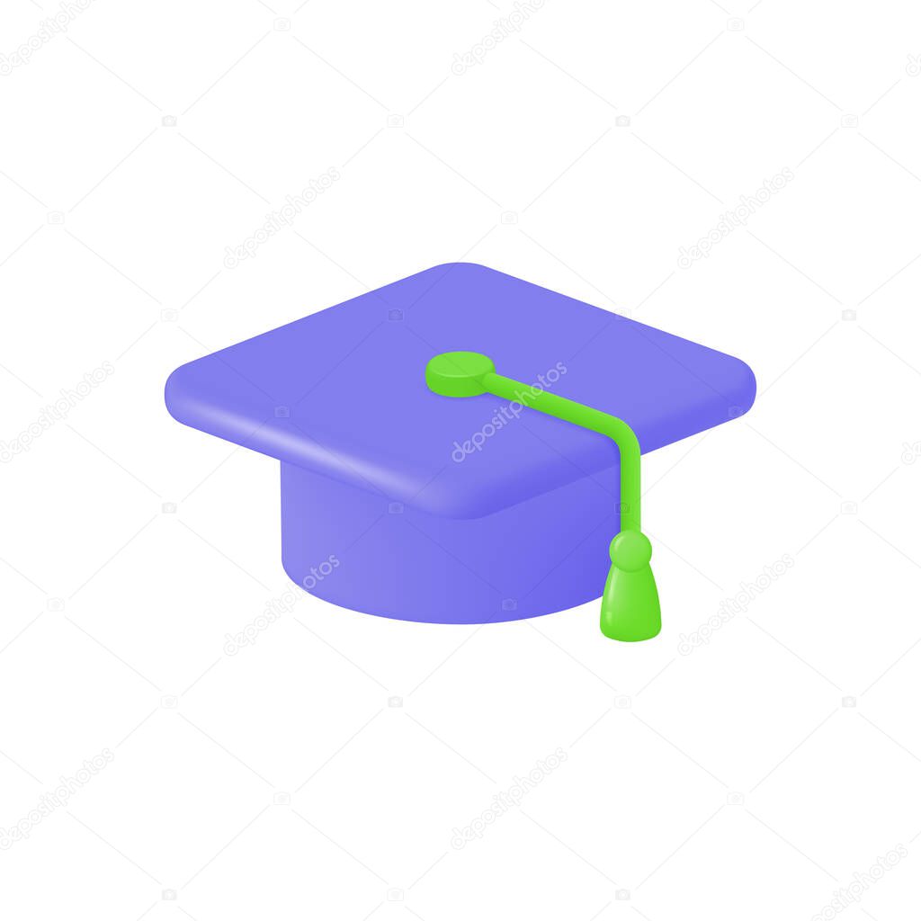 3d college cap icon in cartoon style. the concept of getting education, university, getting diplomas. vector illustration isolated on white background.
