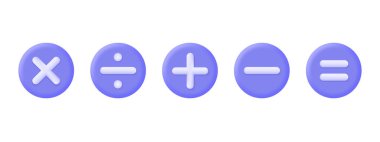 3d set of mathematical signs. plus, minus, divide, multiply, equal. round buttons for the calculator. vector illustration isolated on white background.