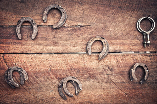 Old horseshoe on wood for vintage style