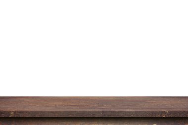 Boş tahta tablo beyaz arkaplanı izole et ve ürün için kopyalama alanı ile montajı göster.