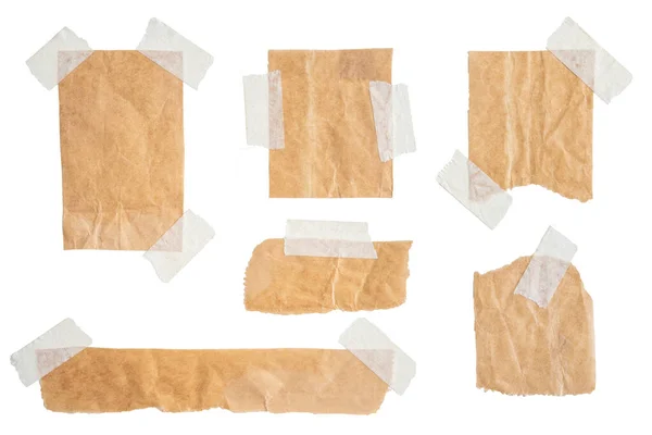 Hnědý Papír Štítky Připojené Set Lepicí Páskou Bílém Pozadí — Stock fotografie