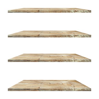 Beyaz arkaplanda izole edilmiş 4 eski ahşap raf tablo ve ürün için montaj.