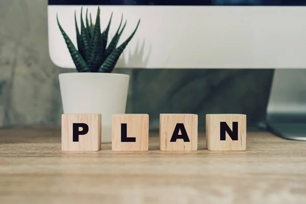 Wooden Block Cube Alphabet Text Plan Wood Table Education Working — Stock Photo, Image