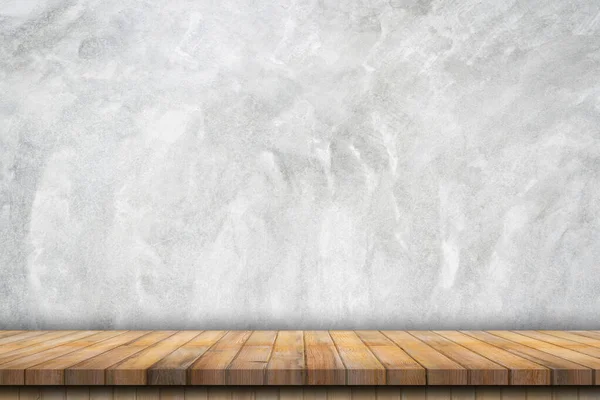 空白的白色混凝土墙背景和带有复制空间的木桌 — 图库照片