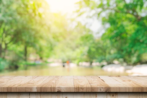 Wooden Table Blurred Green Nature Garden Background Copy Space — Foto Stock