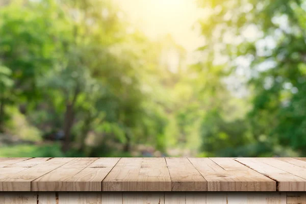 Wooden Table Blurred Green Nature Garden Background Copy Space — Stock fotografie