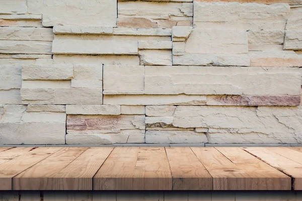 Empty Wood Table Pattern Decorative Slate Stone Wall Surface Copy — Stock Photo, Image