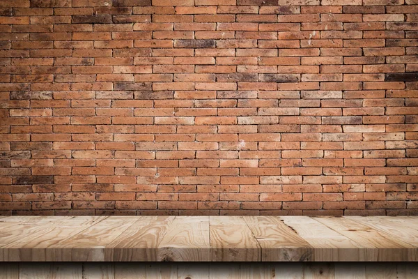 Empty Wooden Table Top Red Brick Wall Rough Crack Background — Foto de Stock