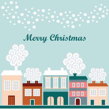 düşen kar taneleri, vektör çizim kış evleriyle şirin Noel kartı